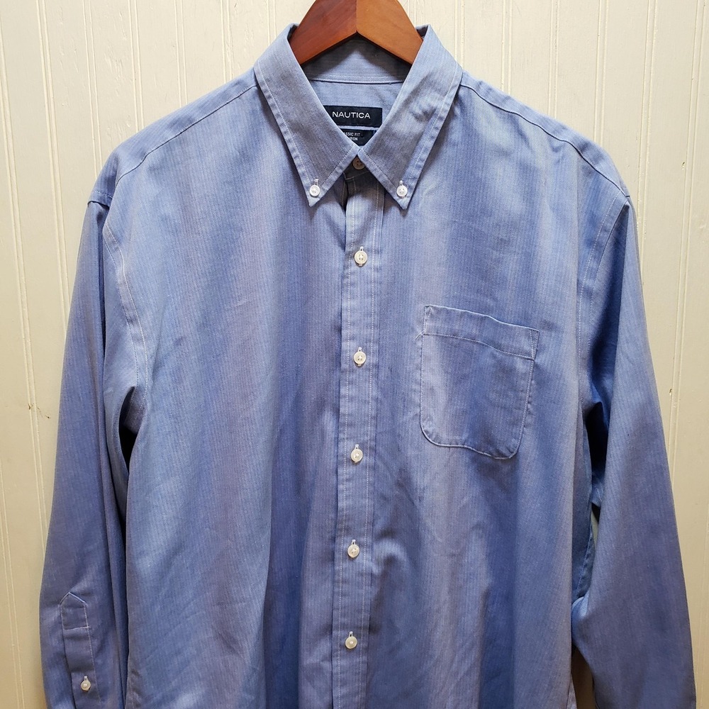 Nautica Dress Shirt Mens 16.5 32/33 Blue Herringbone Non Iron Classic‎ Fit